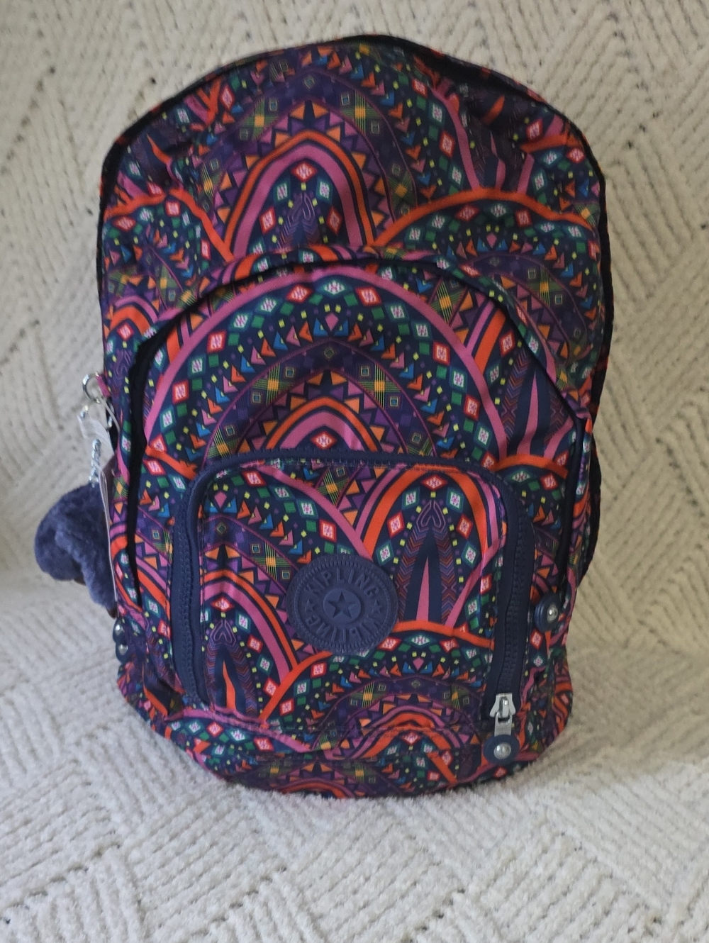 Kipling Multicolor Geometric Pattern Backpack — Purple & Pink Accents